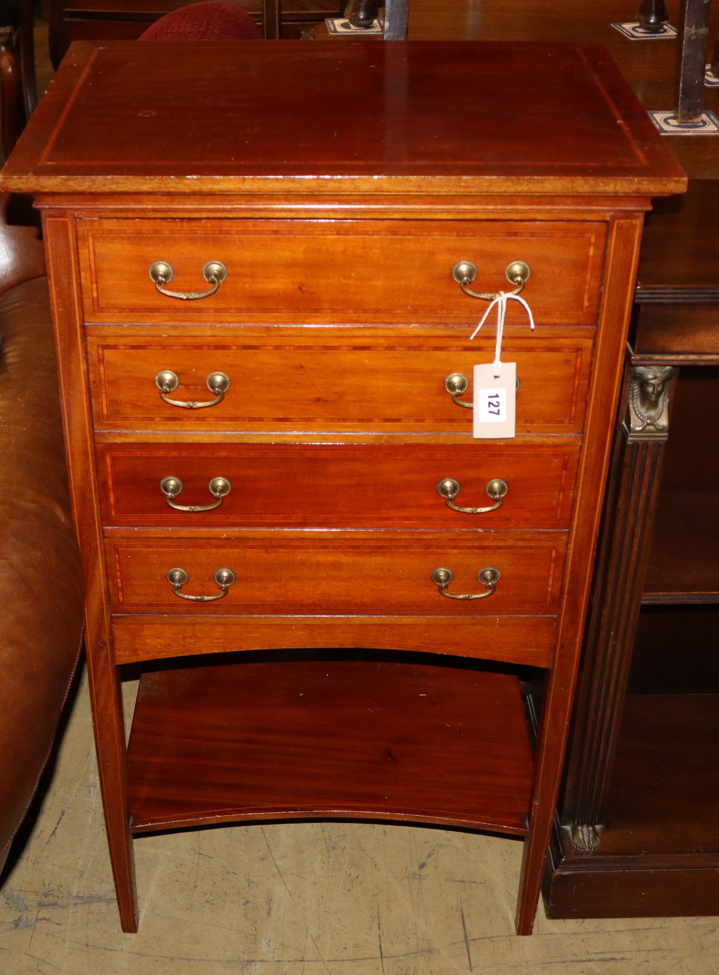 An Edwardian satinwood banded mahogany music cabinet, W.53cm, D.38cm, H.92cm